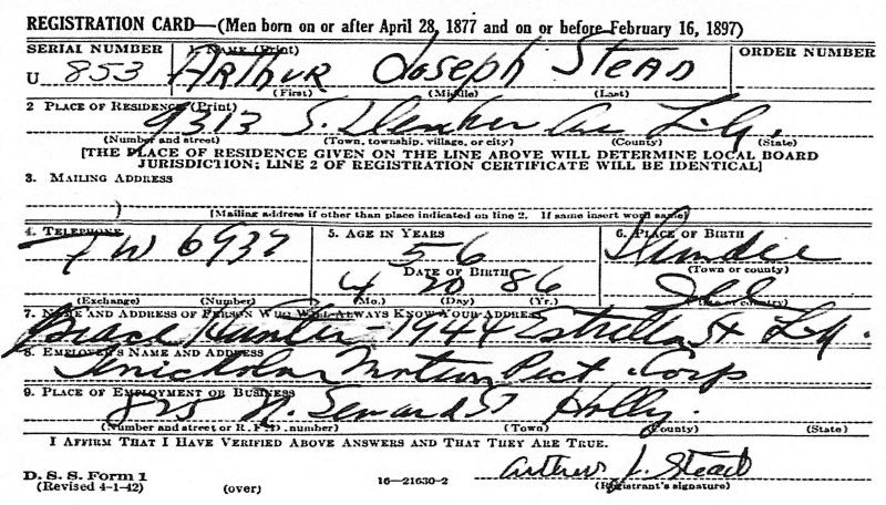 A.J. Stead Draft Registration Card